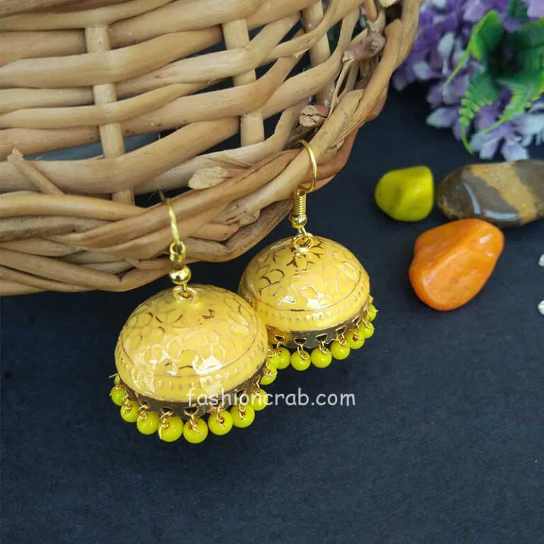 Meenakari Jaipur Jhumki Earrings-Yellow