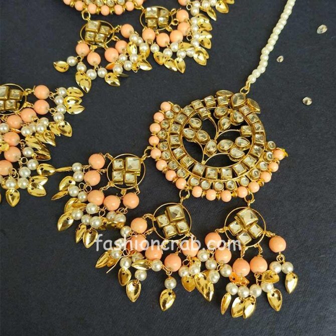 Peach-Punjabi Big Maang Tikka with Earrings for Girl