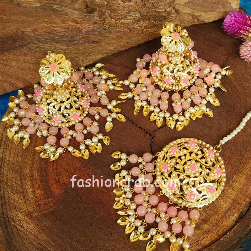 Pink Traditional Jadau Jhumka with Maang Tikka