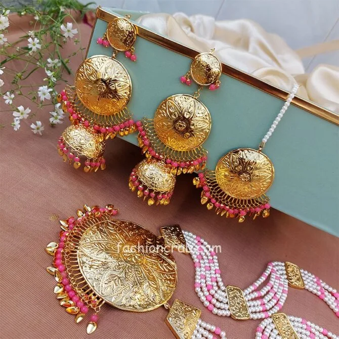 Punjabi Pink Pearl Pipal Patti Set for Bride-03 Punjabi Pink Pearl Pipal Patti Set for Bride