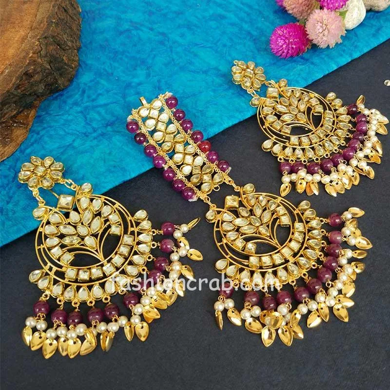 Purple Colour Punjabi Kundan Earrings with Maang Tikka