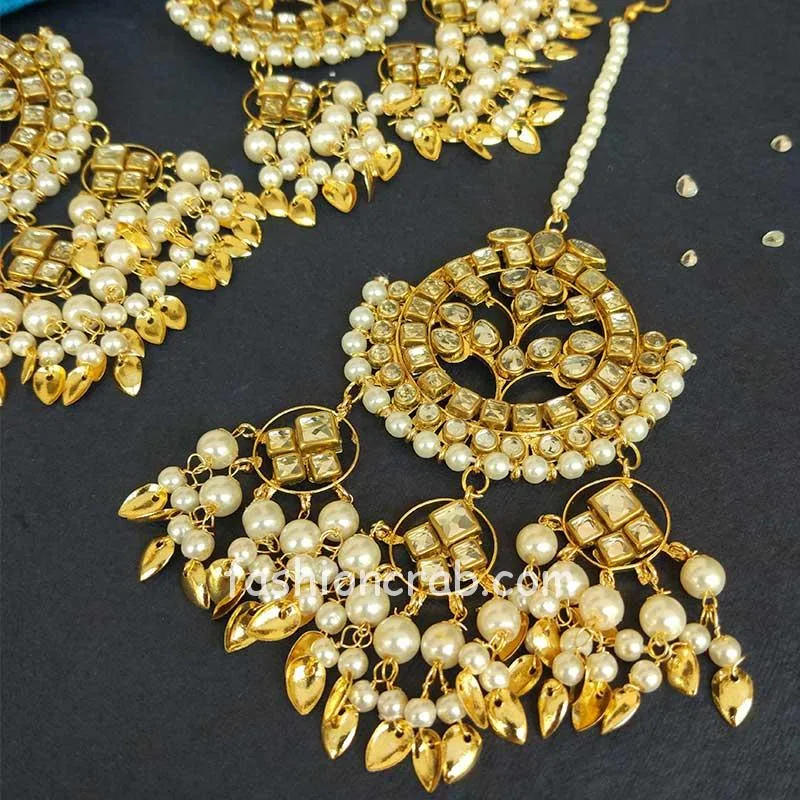 White-Punjabi Big Maang Tikka with Earrings for Girl