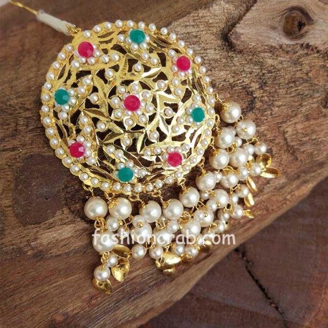White Traditional Jadau Jhumka with Maang Tikka