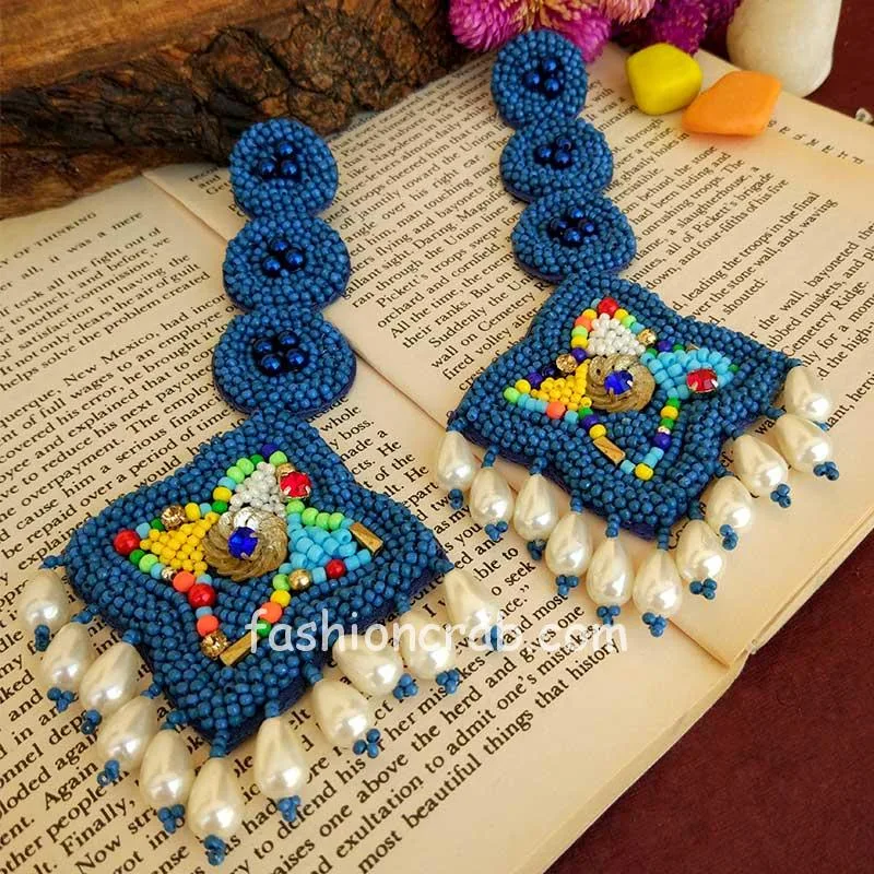 Blue Beads Tassel Earrings for Girls