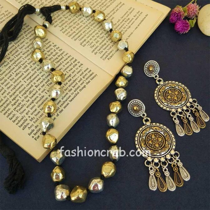 Dual Tone Handcrafted Tribal Necklace with Earrings Dual Tone Handcrafted Tribal Necklace with Earrings