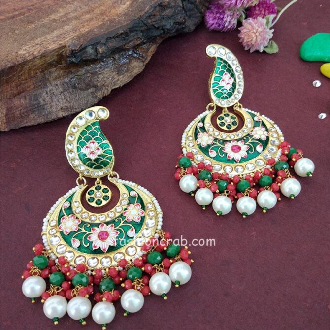 Dark Green Meena Kundan Chandbali Earring for Festival Dark Green Meena Kundan Chandbali Earring for Festival