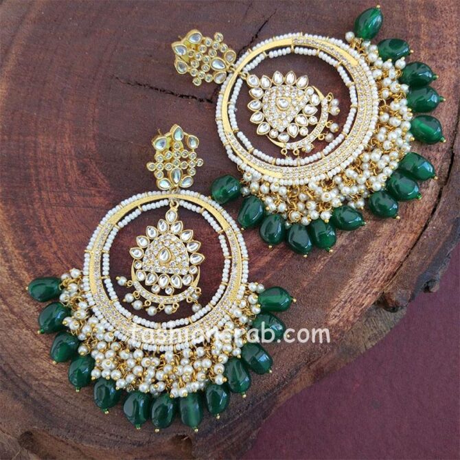 Green Pearl American Diamond Chandbali Earrings Green Pearl American Diamond Chandbali Earrings
