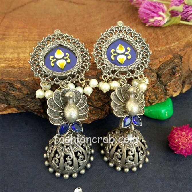 Peacock Shape Silver Look Alike Jhumka Peacock Shape Silver Look Alike Jhumka