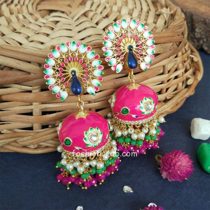 Pink Enamel Peacock Jhumka Earrings Pink Enamel Peacock Jhumka Earrings