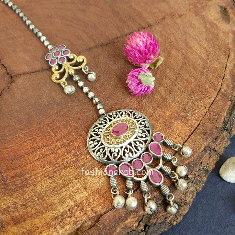 Pink Stone German Silver Maang Tikka for Navratri