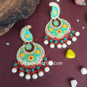 Sea Green Meena Kundan Chandbali Earring for Festival