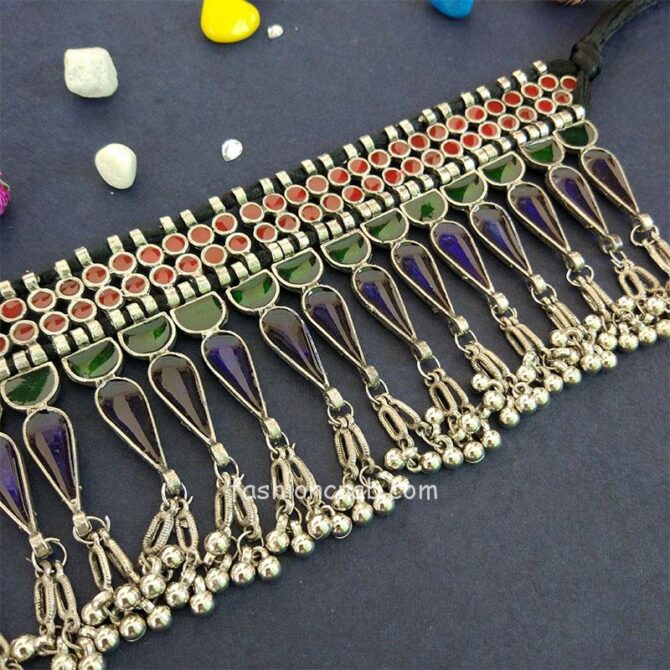 Traditional Afghani Oxidised Silver Meena Work Choker Necklace
