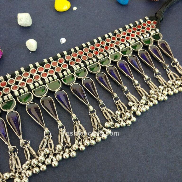 Traditional Afghani Oxidised Silver Meena Work Choker Necklace