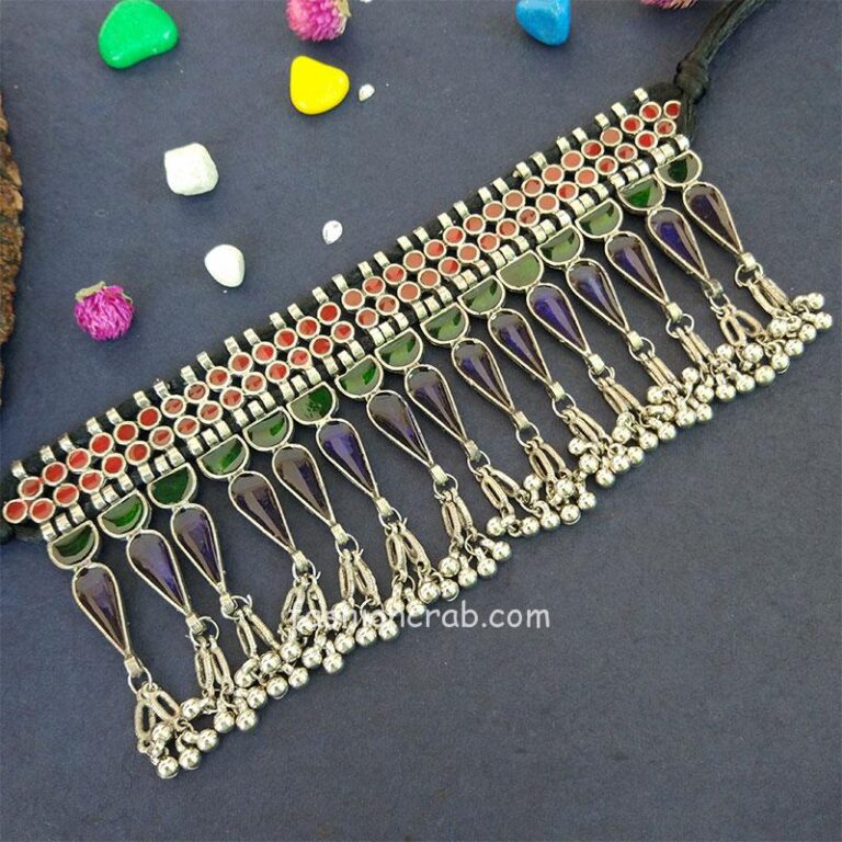 Traditional Afghani Oxidised Silver Meena Work Choker Necklace