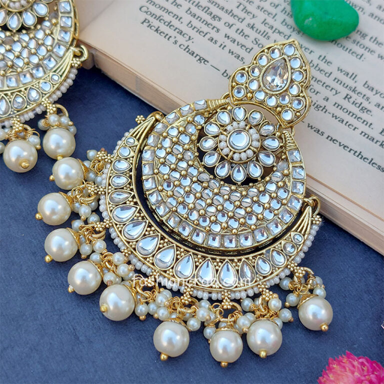 Ethnic Traditional White Kundan Chandbalis