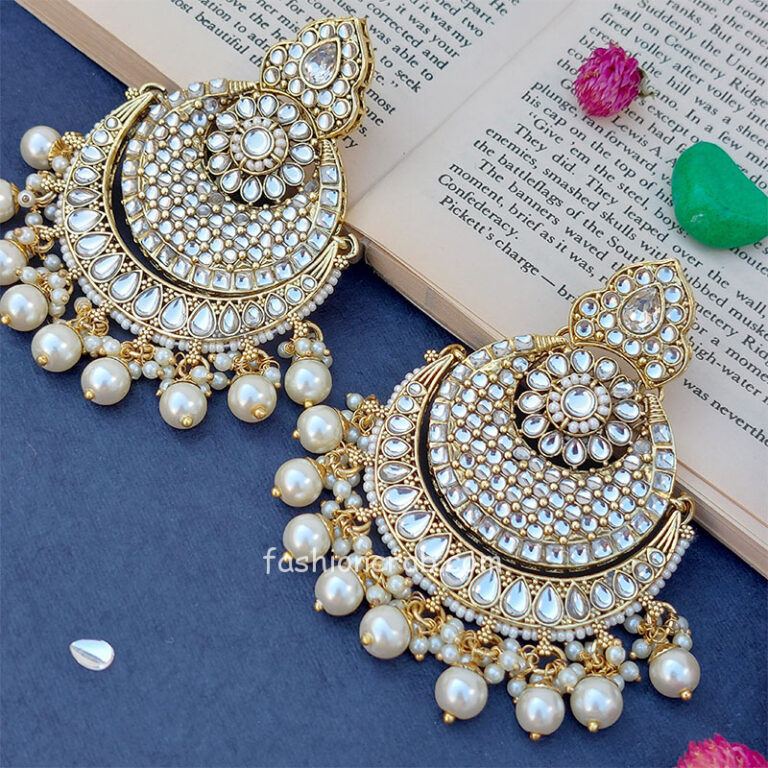 Ethnic Traditional White Kundan Chandbalis