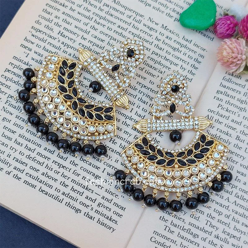 Gold Tone Black Pearl Chandbali Earring