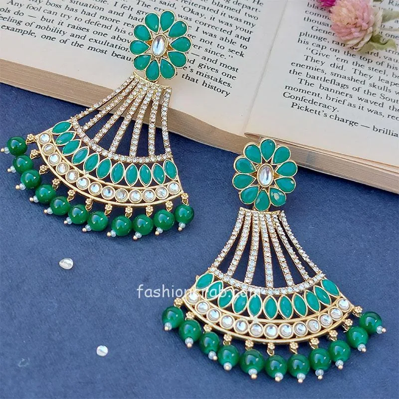 Gold Tone Green Pearl Chandbali Earring