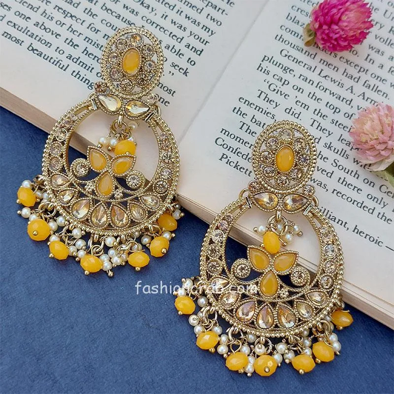 Gold Tone Kundan & Yellow Pearls Wedding Chandbali Earring