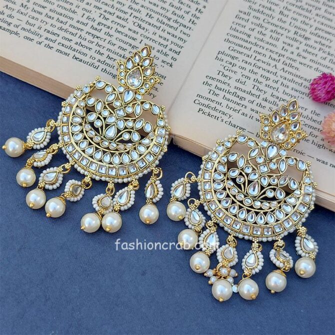 Gold Tone Pearls Kundan Chandbali Earring