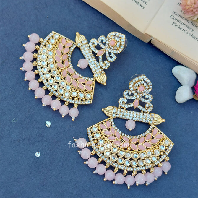 Gold Tone Pink Pearl Chandbali Earring Gold Tone Pink Pearl Chandbali Earring