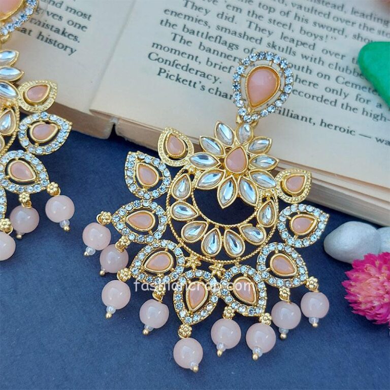 Gold Toned Peach Pink Beads Chandbali Earring