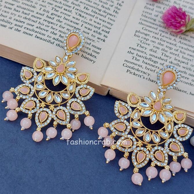 Gold Toned Peach Pink Beads Chandbali Earring Gold Toned Peach Pink Beads Chandbali Earring