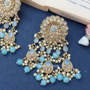 Golden Blue Pearls Handcrafted Classic Chandbali Earrings