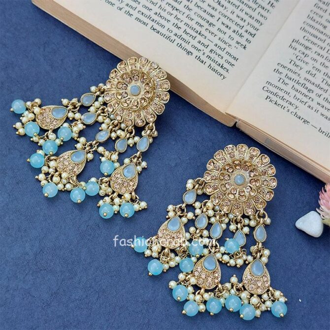 Golden Blue Pearls Handcrafted Classic Chandbali Earrings Golden Blue Pearls Handcrafted Classic Chandbali Earrings