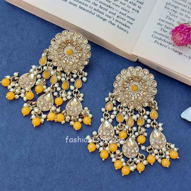 Golden Yellow Pearls Handcrafted Classic Chandbali Earrings Golden Yellow Pearls Handcrafted Classic Chandbali Earrings