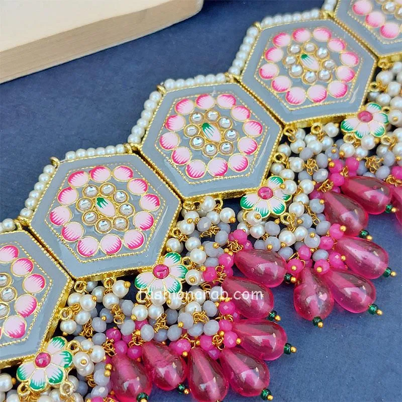 Grey Colour Meenakari Choker Necklace Set for Lehenga