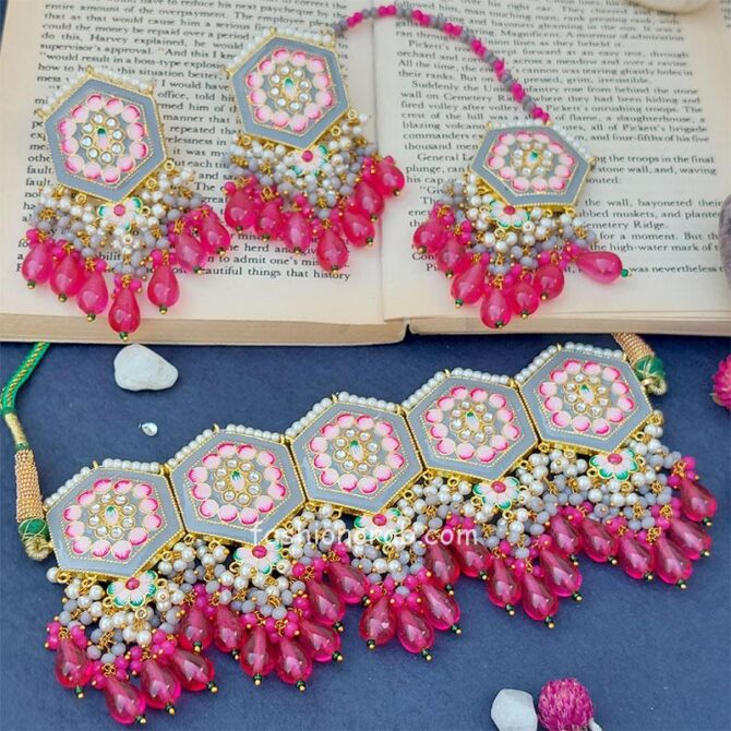 Grey Colour Meenakari Choker Necklace Set for Lehenga
