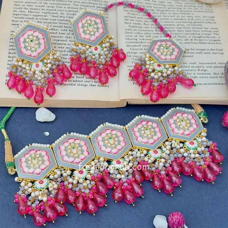 Grey Colour Meenakari Choker Necklace Set for Lehenga