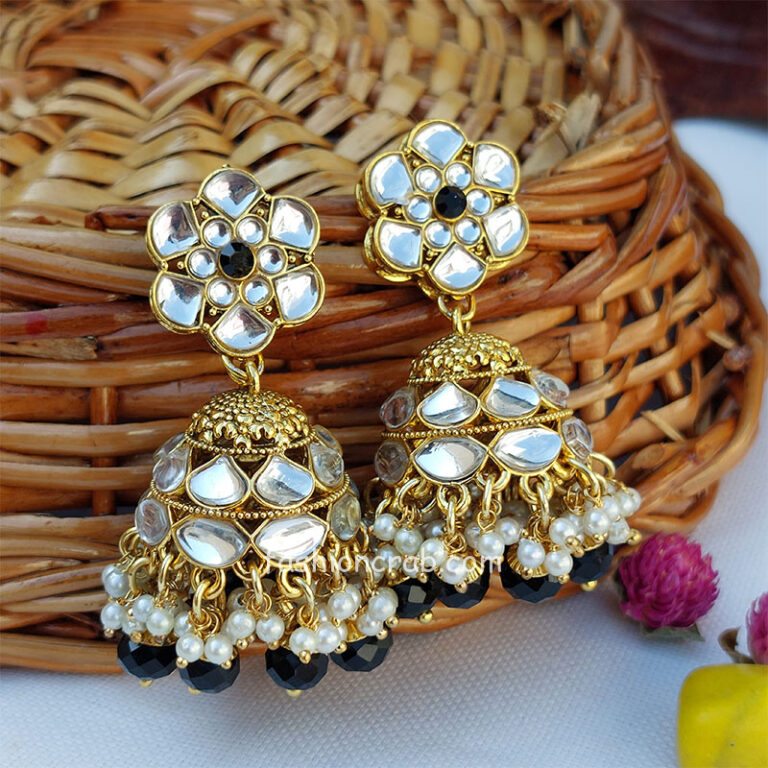 Kundan Statement Designer Jhumka Earrings - Black