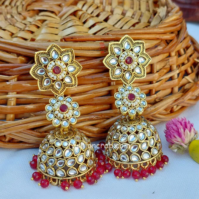Kundan Statement Designer Jhumka Earrings - Maroon Kundan Statement Designer Jhumka Earrings - Maroon