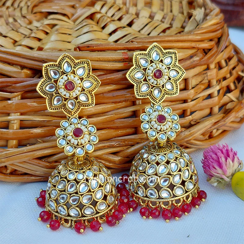 Kundan Statement Designer Jhumka Earrings - Maroon