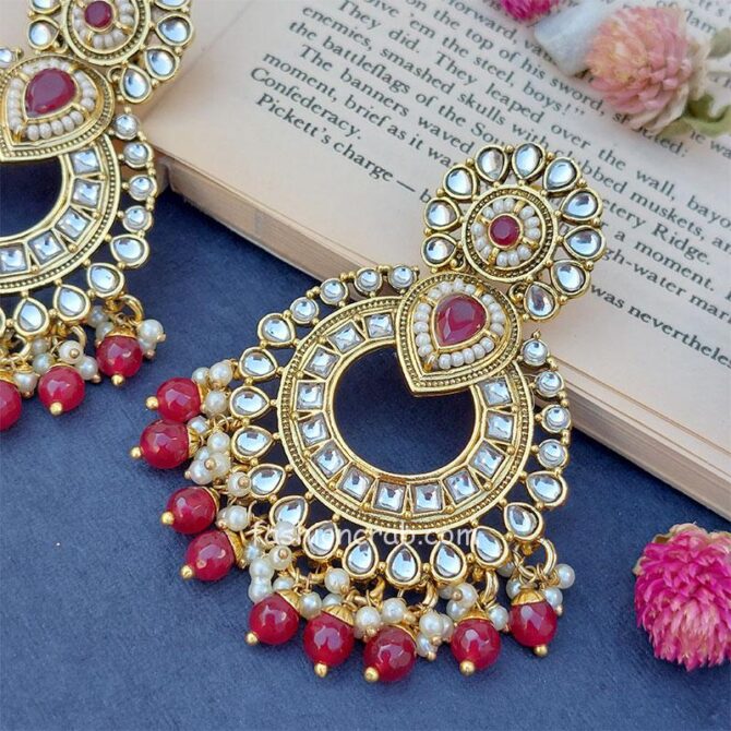 Maroon Color Chandbali Antique Kundan Earrings
