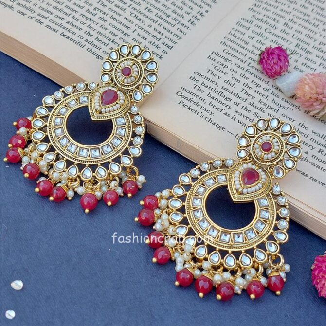 Maroon Color Chandbali Antique Kundan Earrings Maroon Color Chandbali Antique Kundan Earrings