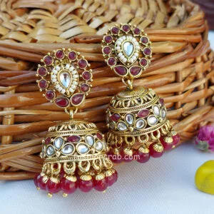 Maroon Kundan Jhumka Earrings for Palazzo Suit