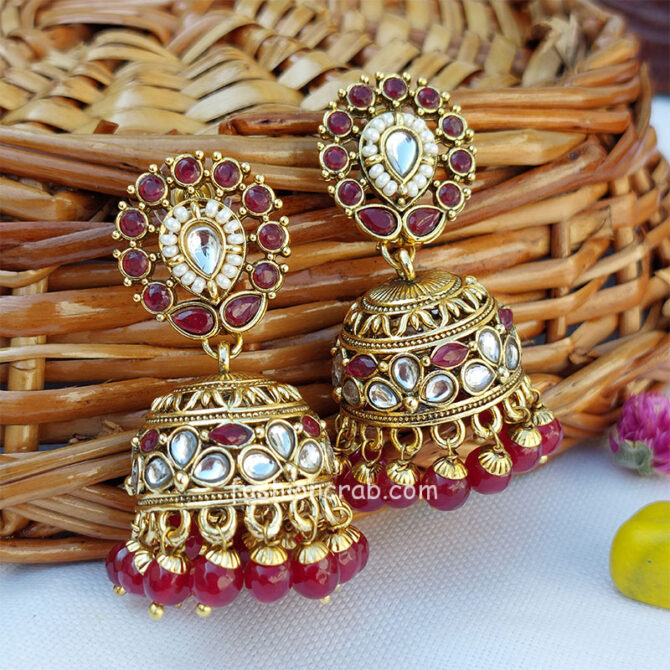 Maroon Kundan Jhumka Earrings for Palazzo Suit Maroon Kundan Jhumka Earrings for Palazzo Suit