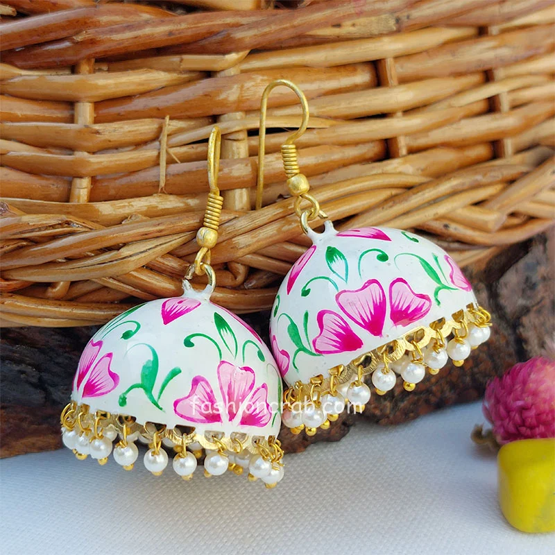 White Gold Toned Pearl Meenakari Floral Jhumki Earrings
