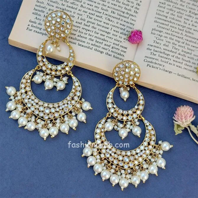 White Pearl Designer Kundan Chandbali Earrings for Palazzo Suit White Pearl Designer Kundan Chandbali Earrings for Palazzo Suit