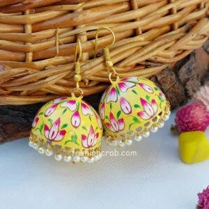 Yellow Gold Toned Pearl Meenakari Small Jhumki Earrings