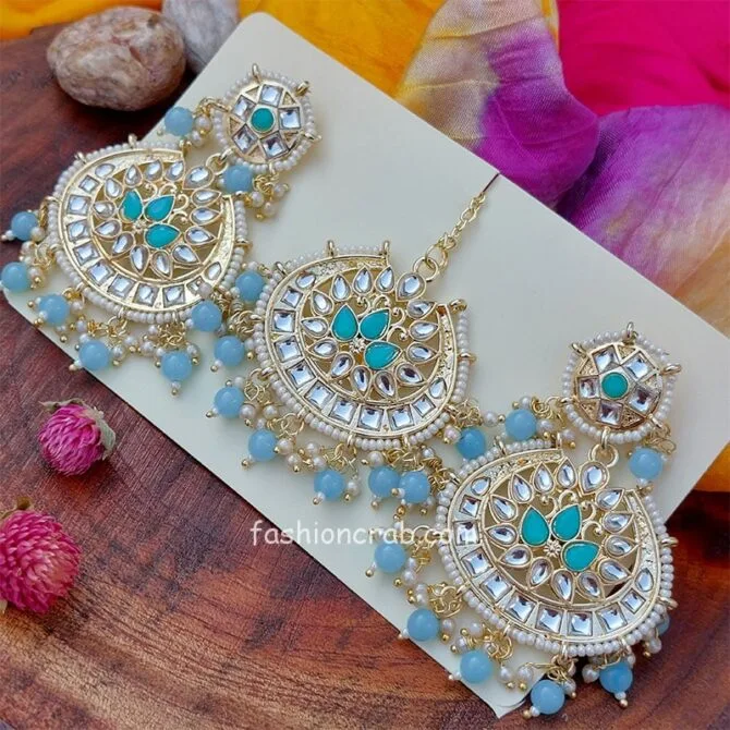Blue Color Kundan Studded MaangTikka with Earring Set Blue Color Kundan Studded MaangTikka with Earring Set