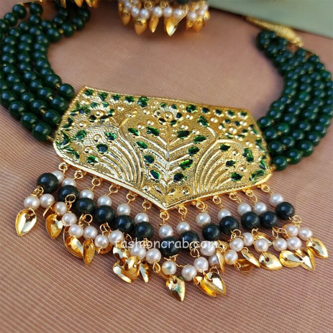 Dark Green Pearl Punjabi Necklace Set for Bride