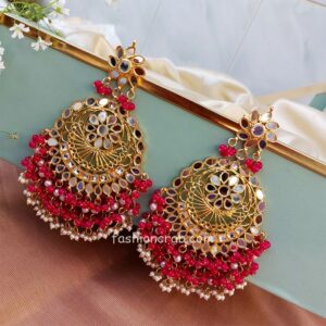 Dark Pink Heavy Mirror Earrings with Maangtikka