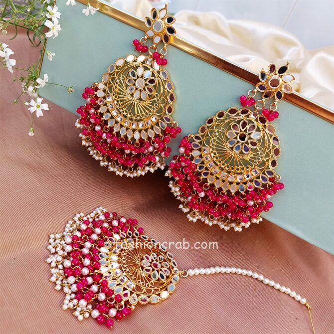 Dark Pink Heavy Mirror Earrings with Maangtikka Dark Pink Heavy Mirror Earrings with Maangtikka