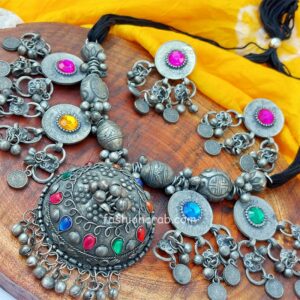 Ethnic Silver Oxidised Necklace with Earrings for Women