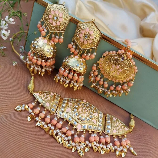 Peach Pearl Punjabi Choker Necklace Set for Bride Peach Pearl Punjabi Choker Necklace Set for Bride