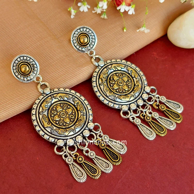 Dual Tone Oxidized Silver Drop Earring for Women